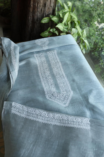 Slate Grey Shade Linen Chikankari Unstitched Men's Kurtas Fabric