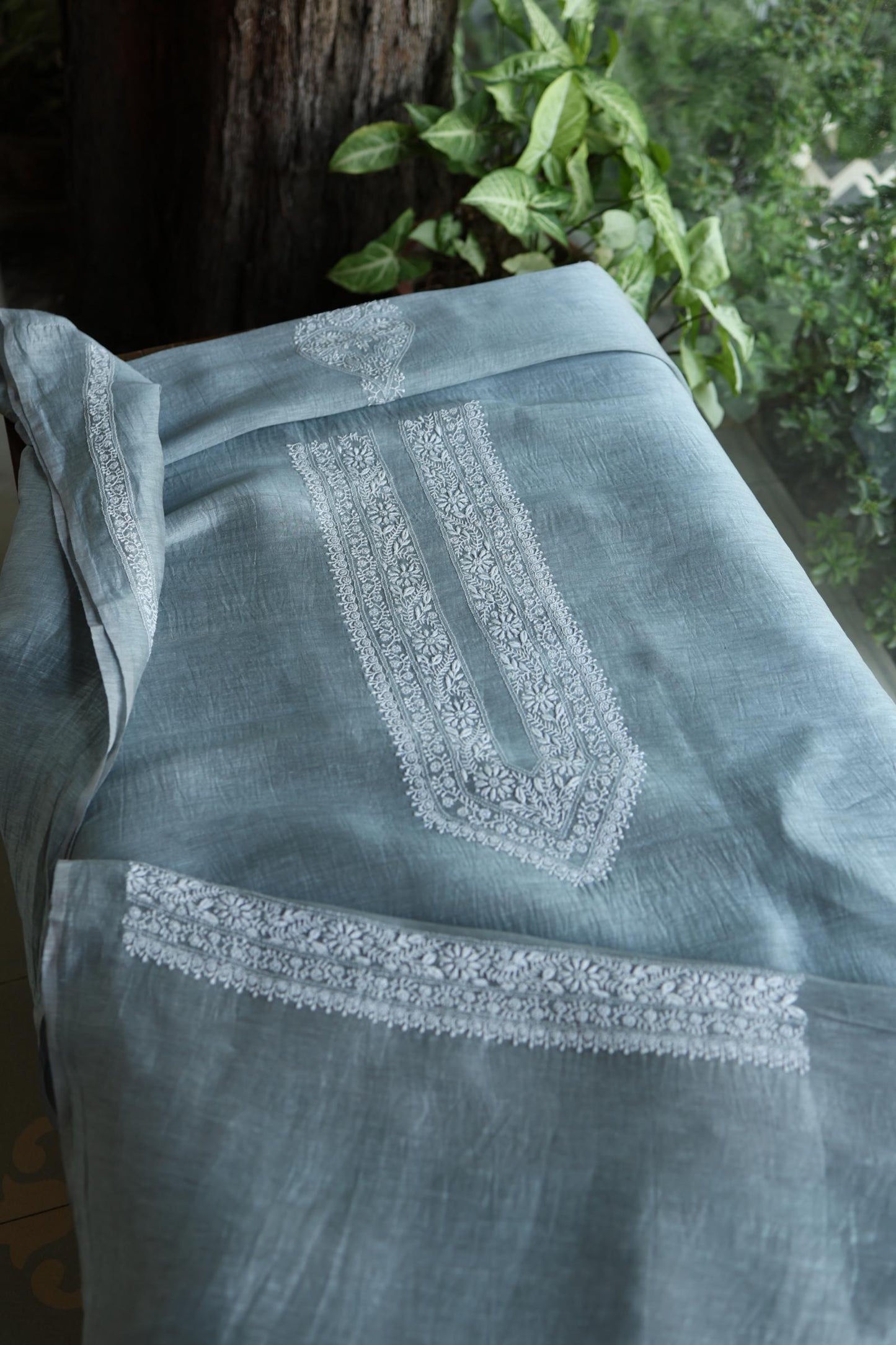 Slate Grey Shade Linen Chikankari Unstitched Men's Kurtas Fabric