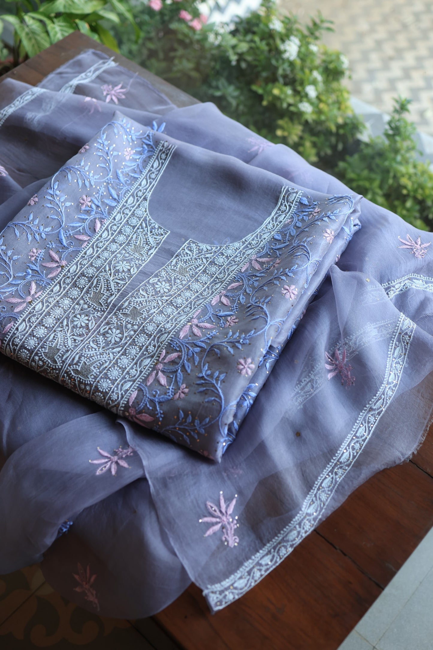 Slate Grey Shade Noor Organza Silk Chikankari With Kamdani Fabric