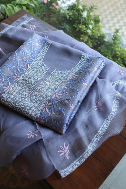 Slate Grey Shade Noor Organza Silk Chikankari With Kamdani Fabric
