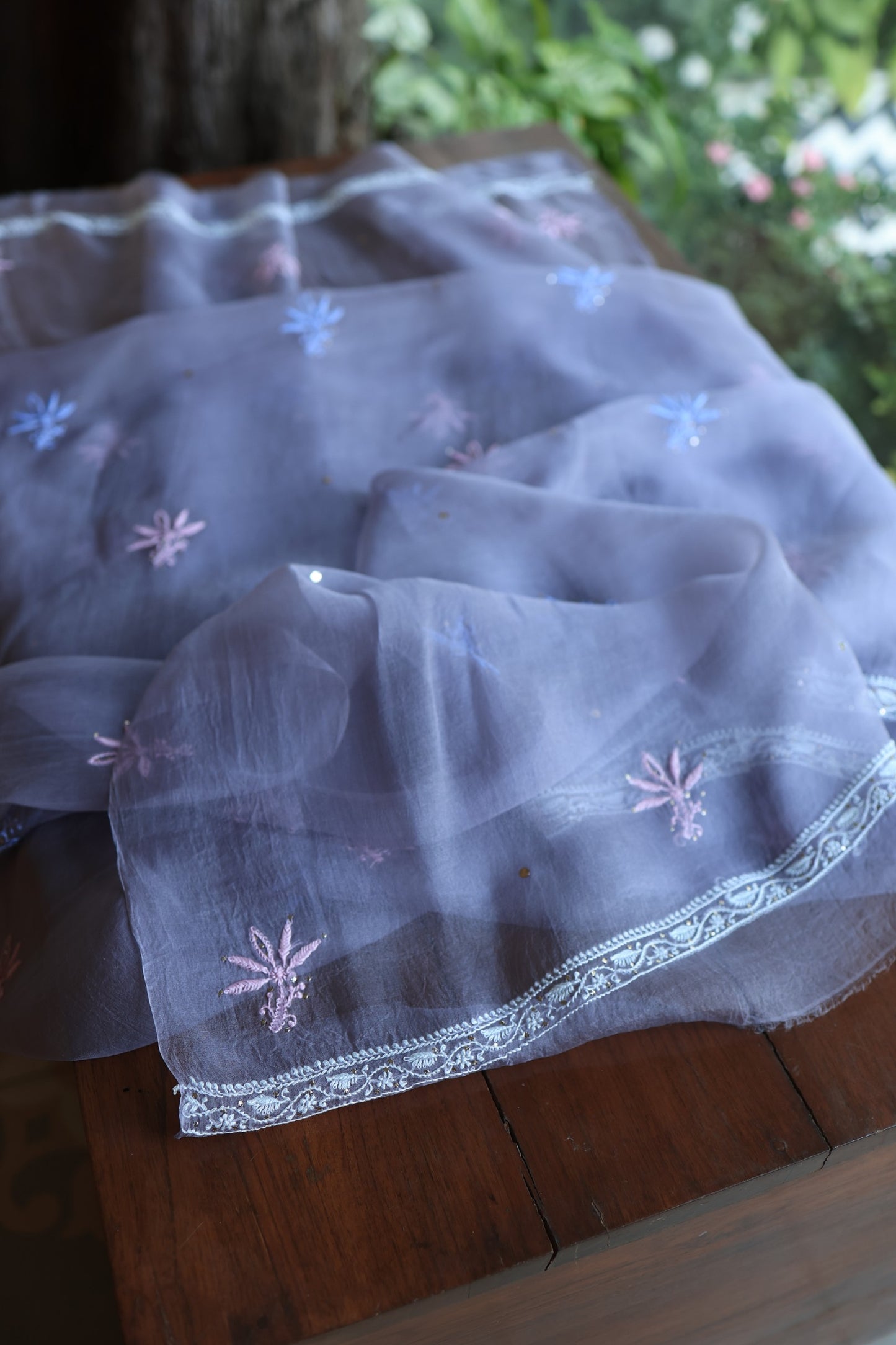 Slate Grey Shade Noor Organza Silk Chikankari With Kamdani Fabric