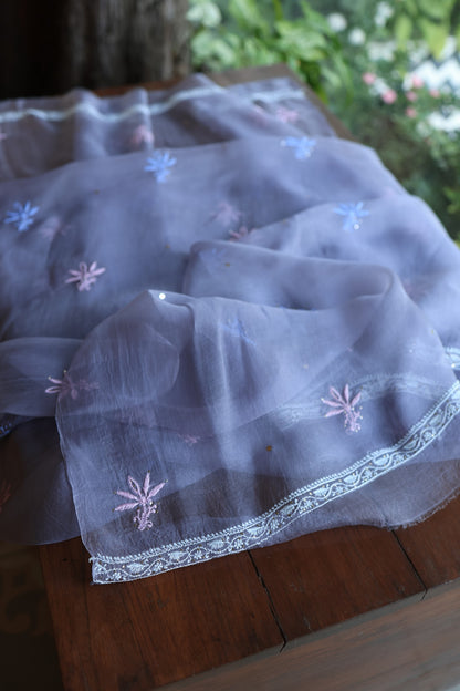 Slate Grey Shade Noor Organza Silk Chikankari With Kamdani Fabric