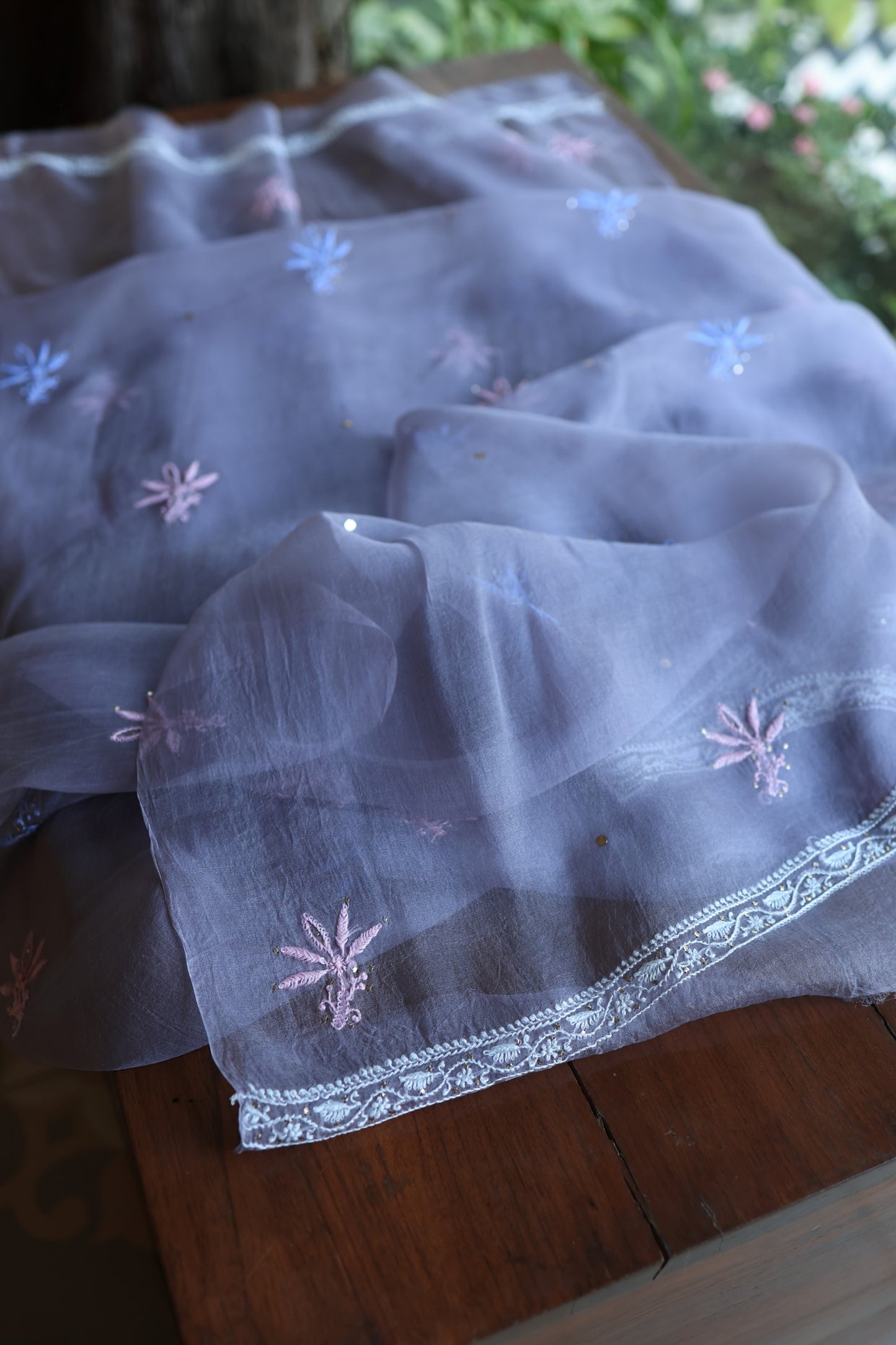 Slate Grey Shade Noor Organza Silk Chikankari With Kamdani Fabric
