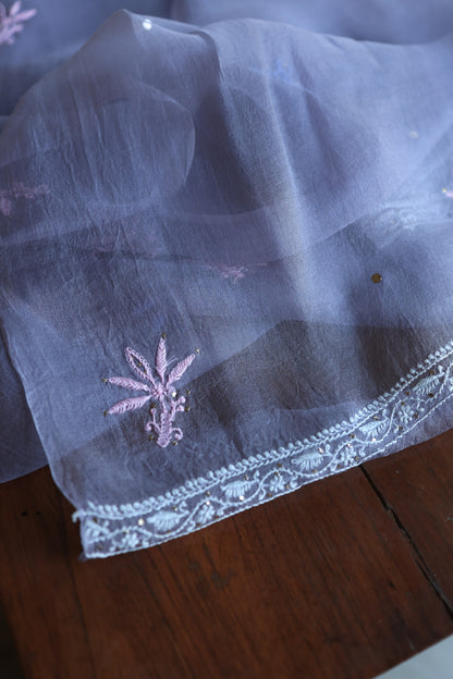 Slate Grey Shade Noor Organza Silk Chikankari With Kamdani Fabric