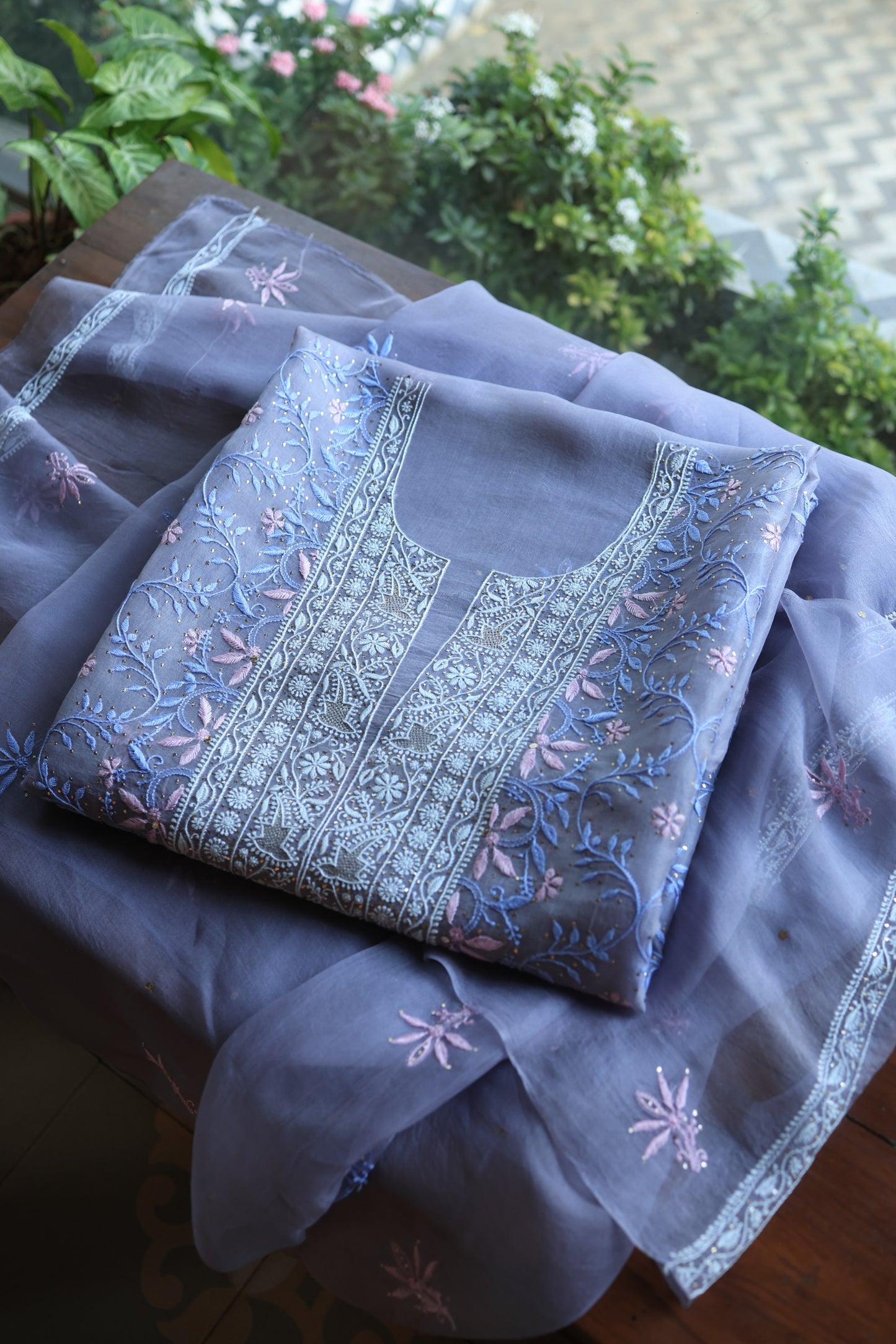 Slate Grey Shade Noor Organza Silk Chikankari With Kamdani Fabric