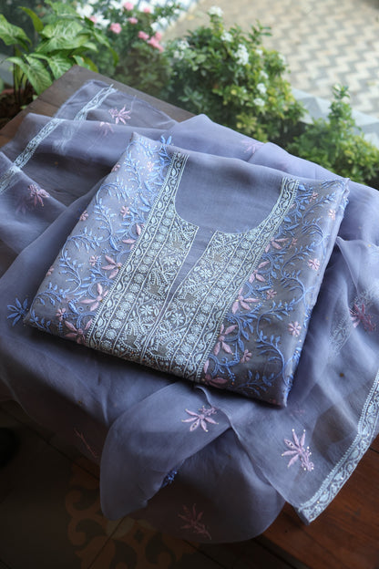 Slate Grey Shade Noor Organza Silk Chikankari With Kamdani Fabric