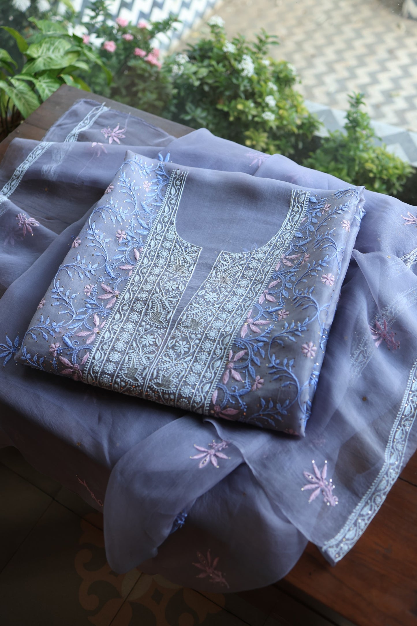 Slate Grey Shade Noor Organza Silk Chikankari With Kamdani Fabric