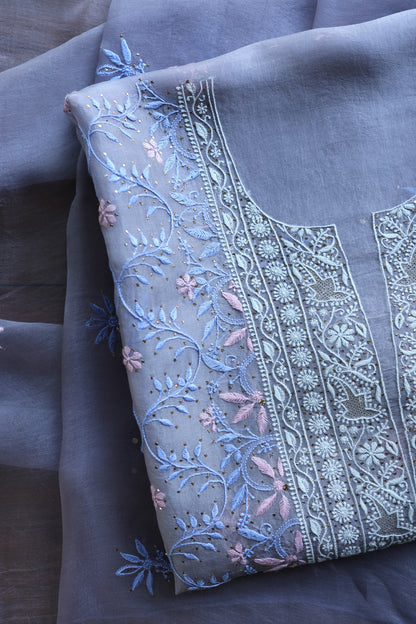 Slate Grey Shade Noor Organza Silk Chikankari With Kamdani Fabric