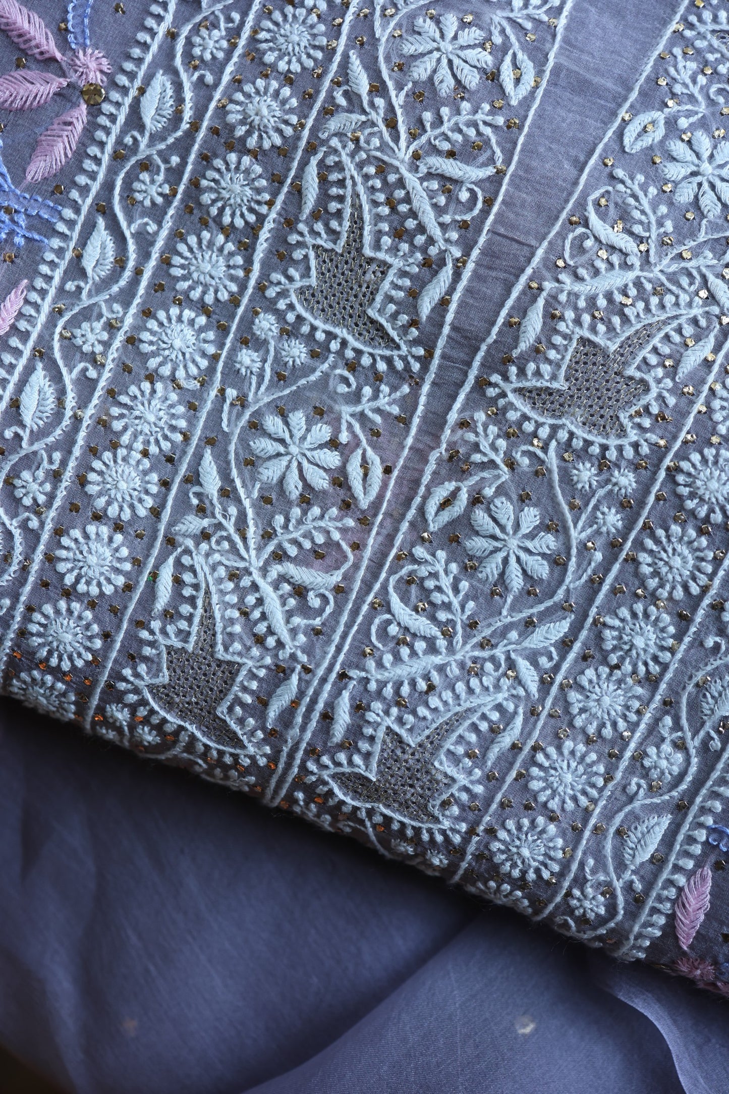 Slate Grey Shade Noor Organza Silk Chikankari With Kamdani Fabric