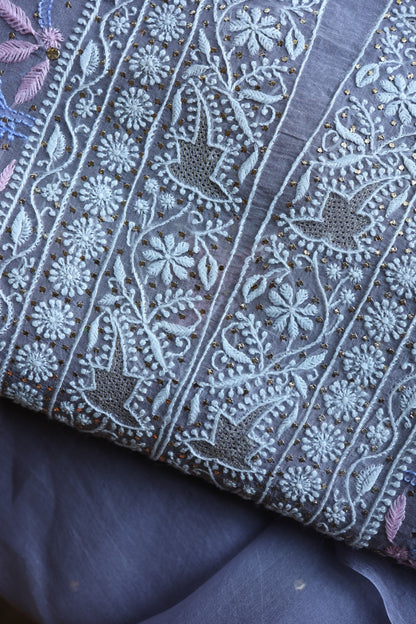 Slate Grey Shade Noor Organza Silk Chikankari With Kamdani Fabric