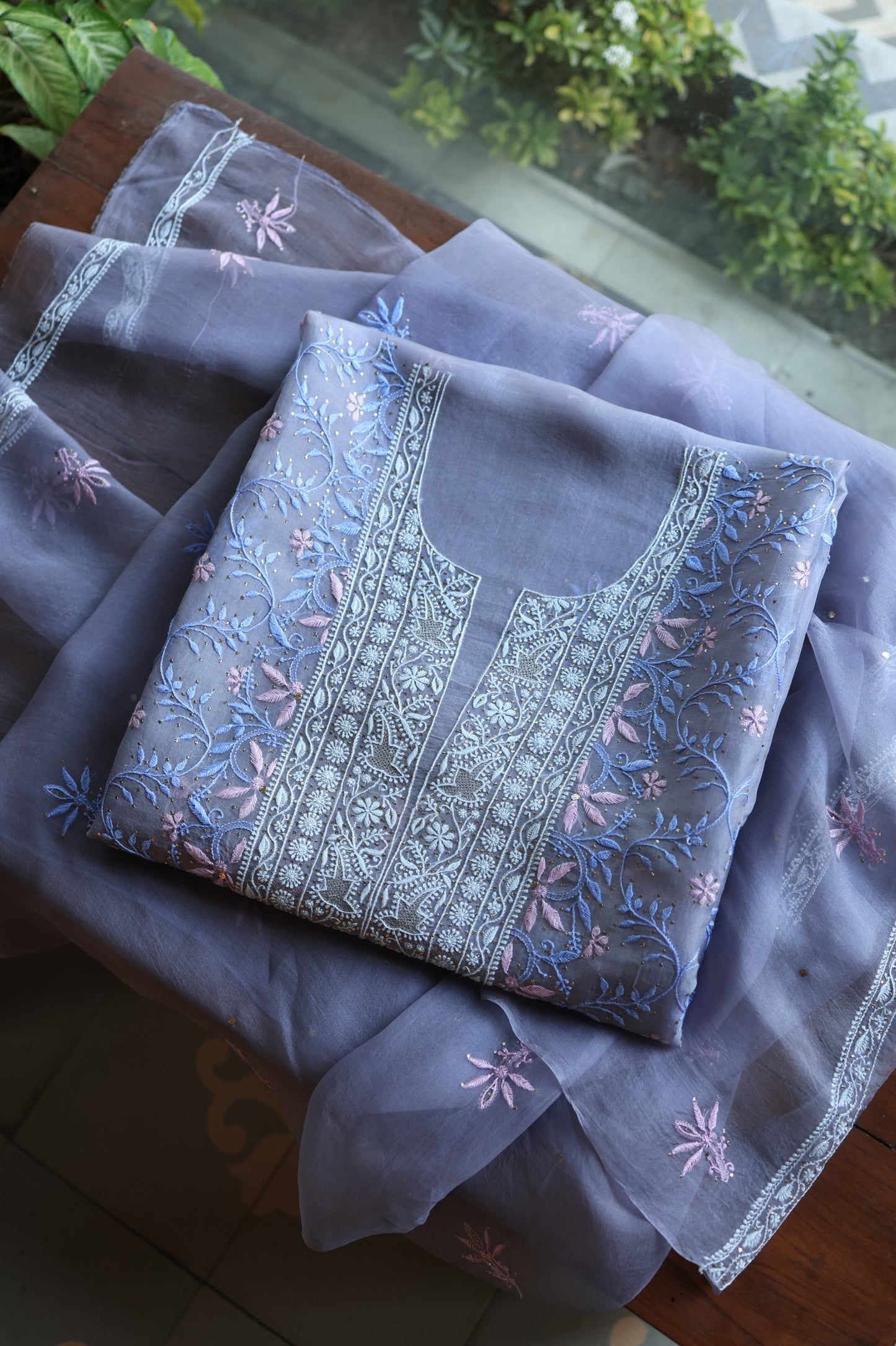 Slate Grey Shade Noor Organza Silk Chikankari With Kamdani Fabric