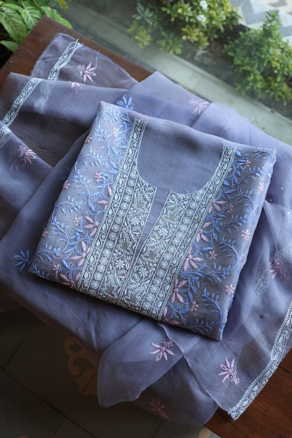 Slate Grey Shade Noor Organza Silk Chikankari With Kamdani Fabric