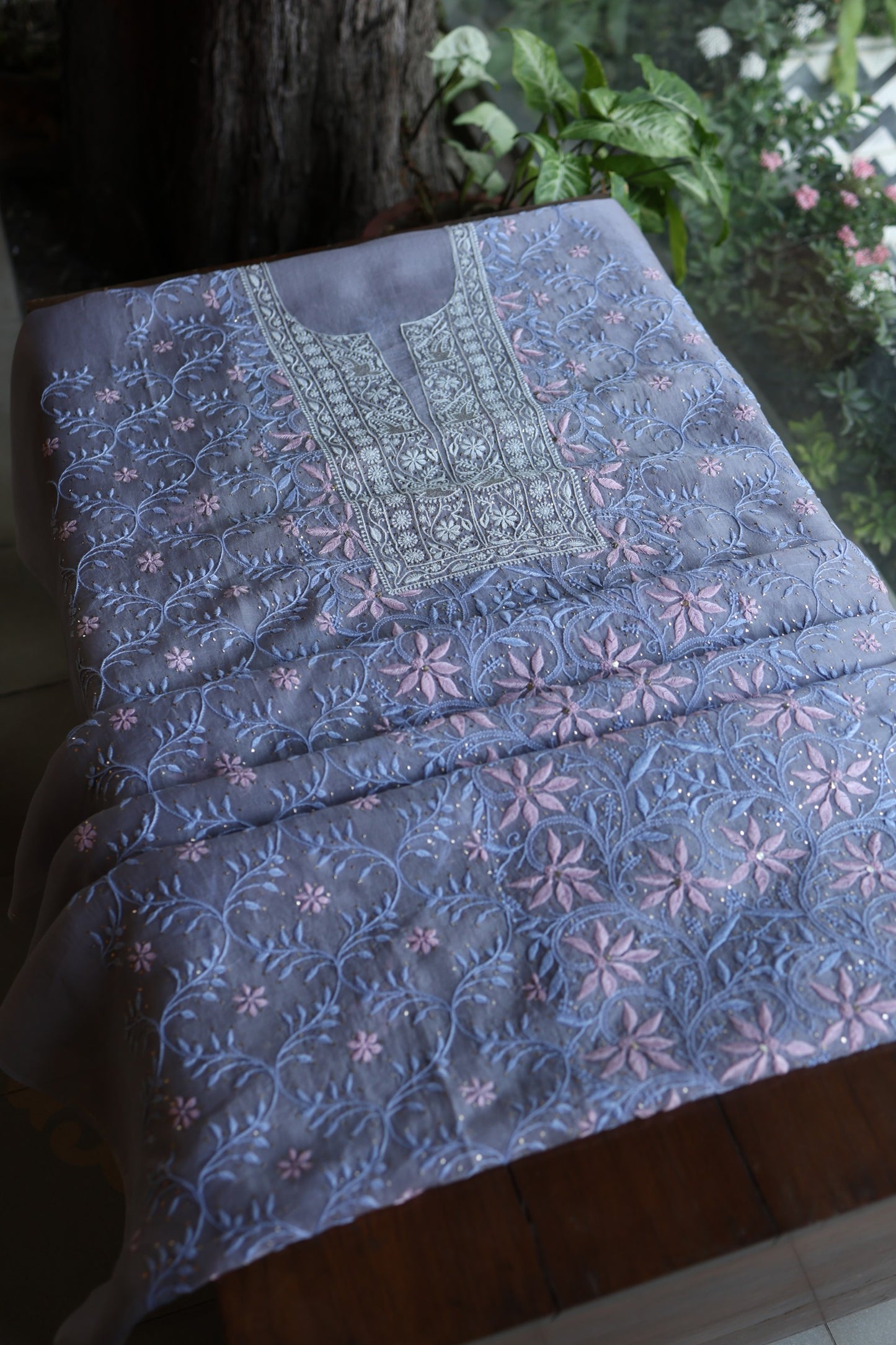 Slate Grey Shade Noor Organza Silk Chikankari With Kamdani Fabric