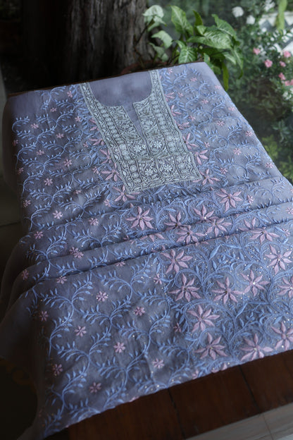 Slate Grey Shade Noor Organza Silk Chikankari With Kamdani Fabric