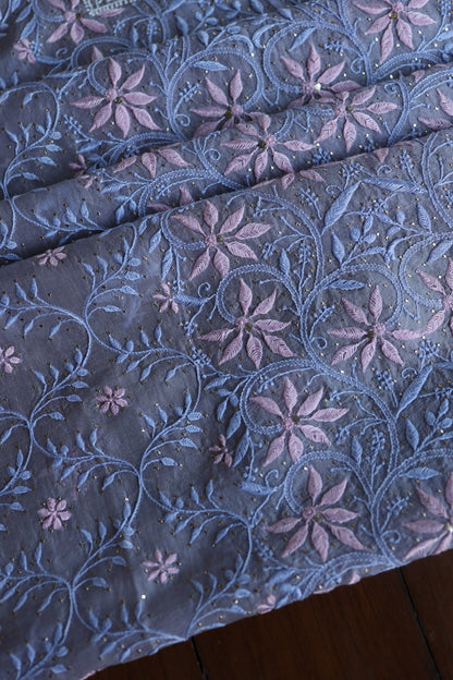 Slate Grey Shade Noor Organza Silk Chikankari With Kamdani Fabric