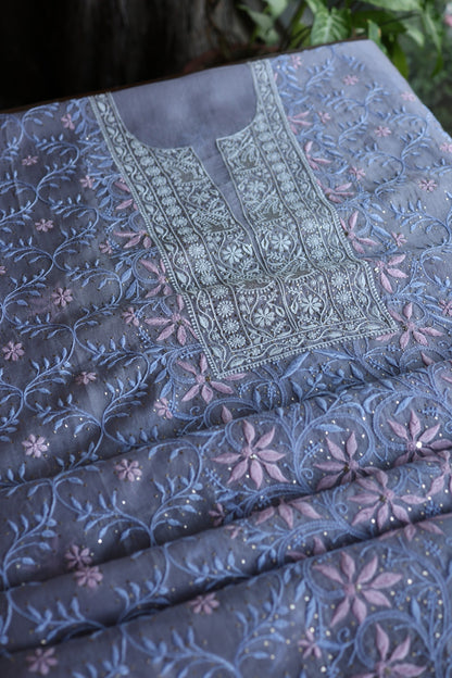 Slate Grey Shade Noor Organza Silk Chikankari With Kamdani Fabric