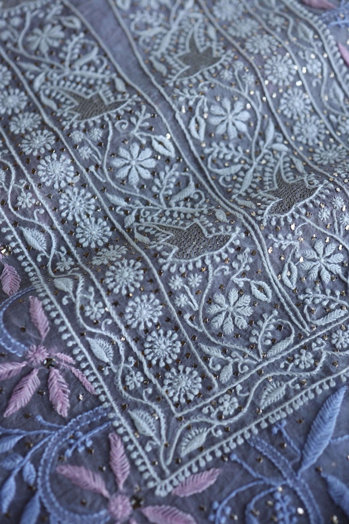 Slate Grey Shade Noor Organza Silk Chikankari With Kamdani Fabric