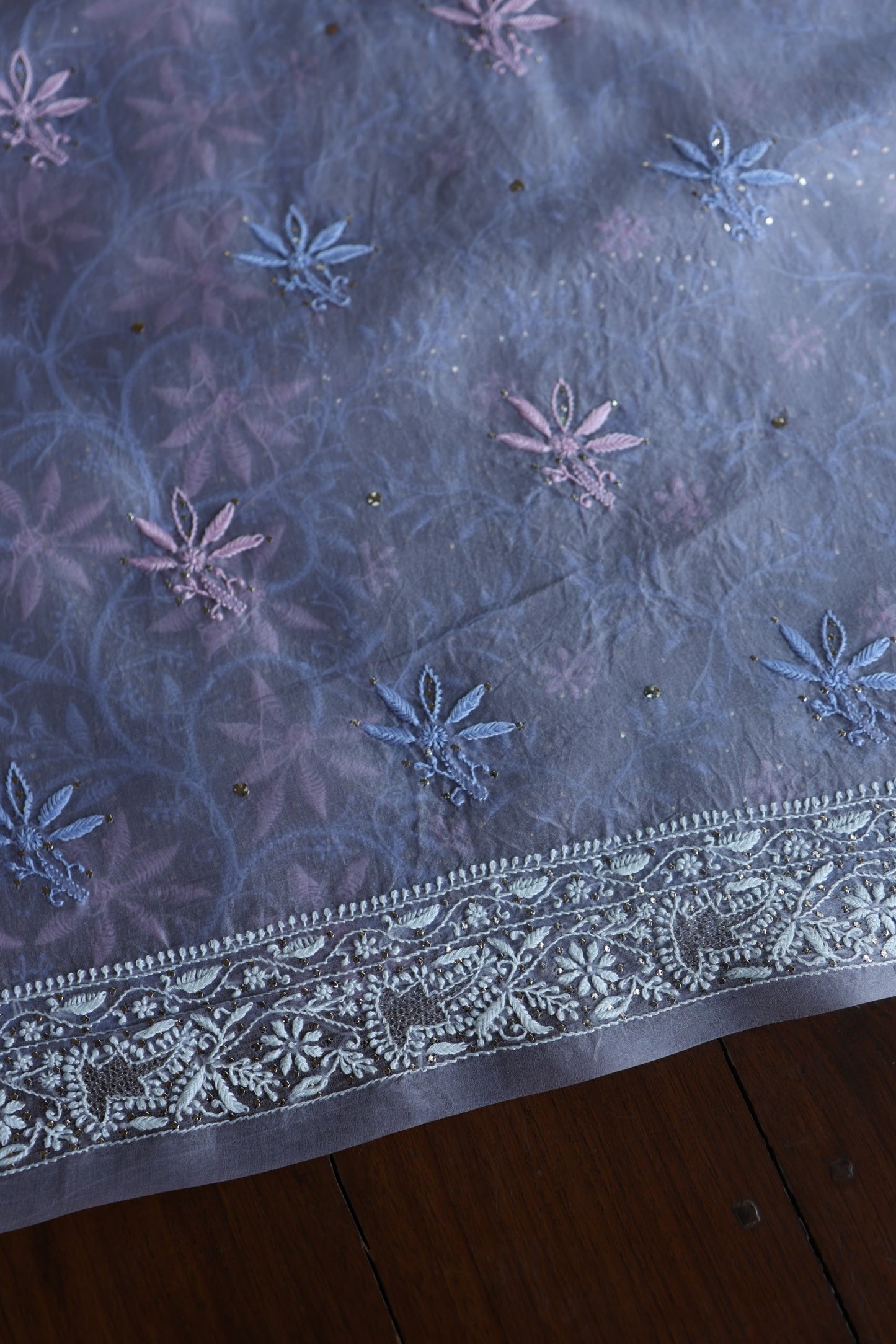 Slate Grey Shade Noor Organza Silk Chikankari With Kamdani Fabric