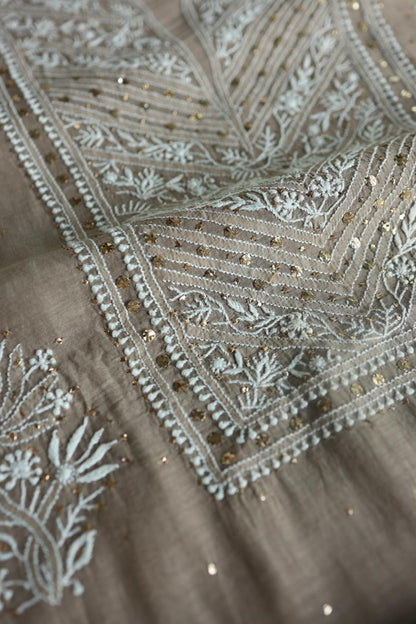 Smokey Grey Mal Cotton Fine Chikankari With Kamdani Work Unstitched Fabric