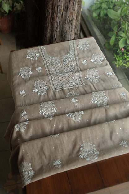 Smokey Grey Mal Cotton Fine Chikankari With Kamdani Work Unstitched Fabric