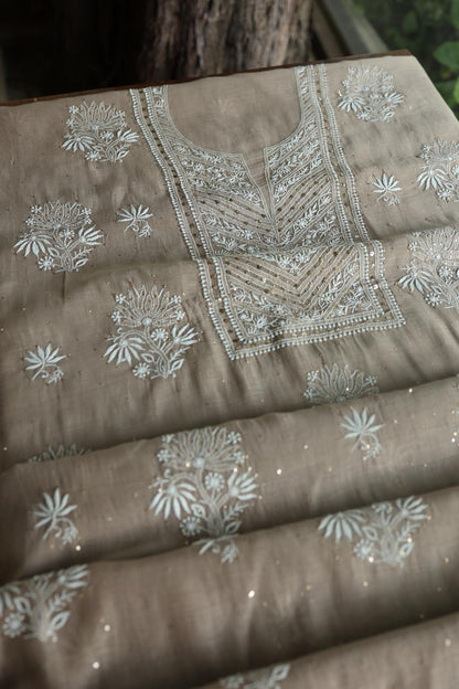 Smokey Grey Mal Cotton Fine Chikankari With Kamdani Work Unstitched Fabric