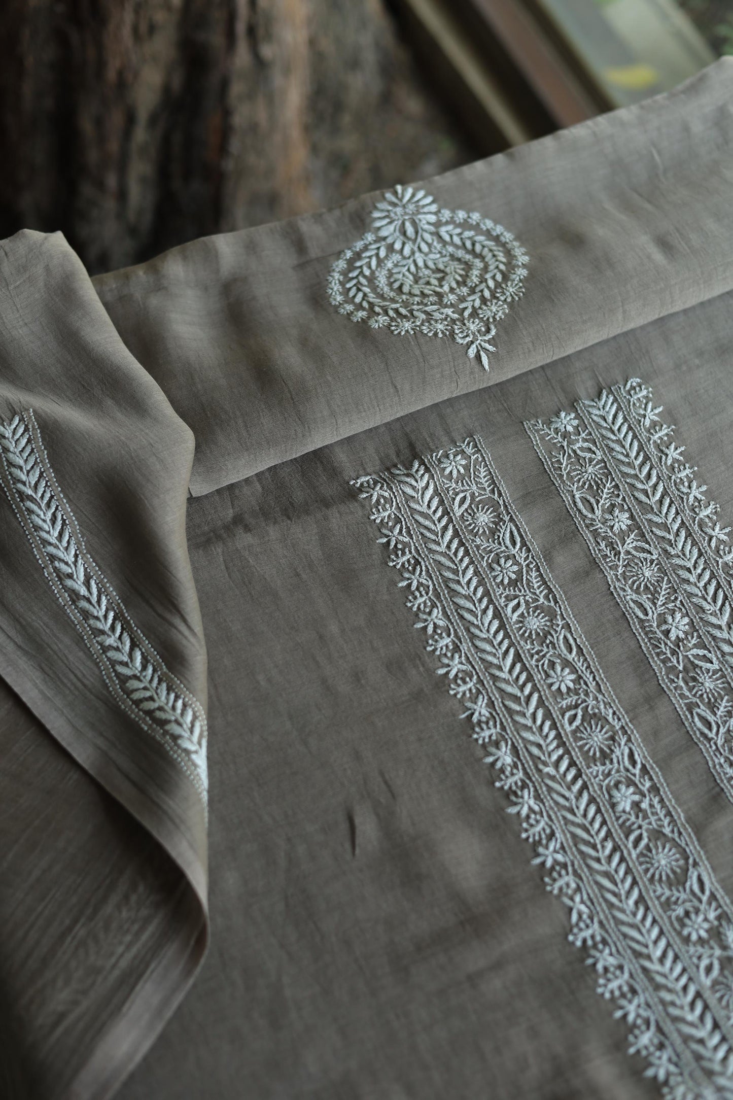 Smokey Grey Mulmul Chikankari Unstitched Men's Kurtas Fabric