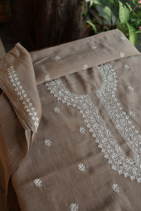 Smokey Grey Mulmul Chikankari Unstitched Men's Kurtas Fabric