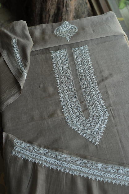 Smokey Grey Mulmul Chikankari Unstitched Men's Kurtas Fabric