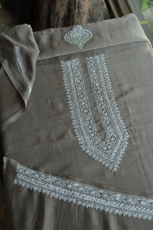 Smokey Grey Mulmul Chikankari Unstitched Men's Kurtas Fabric