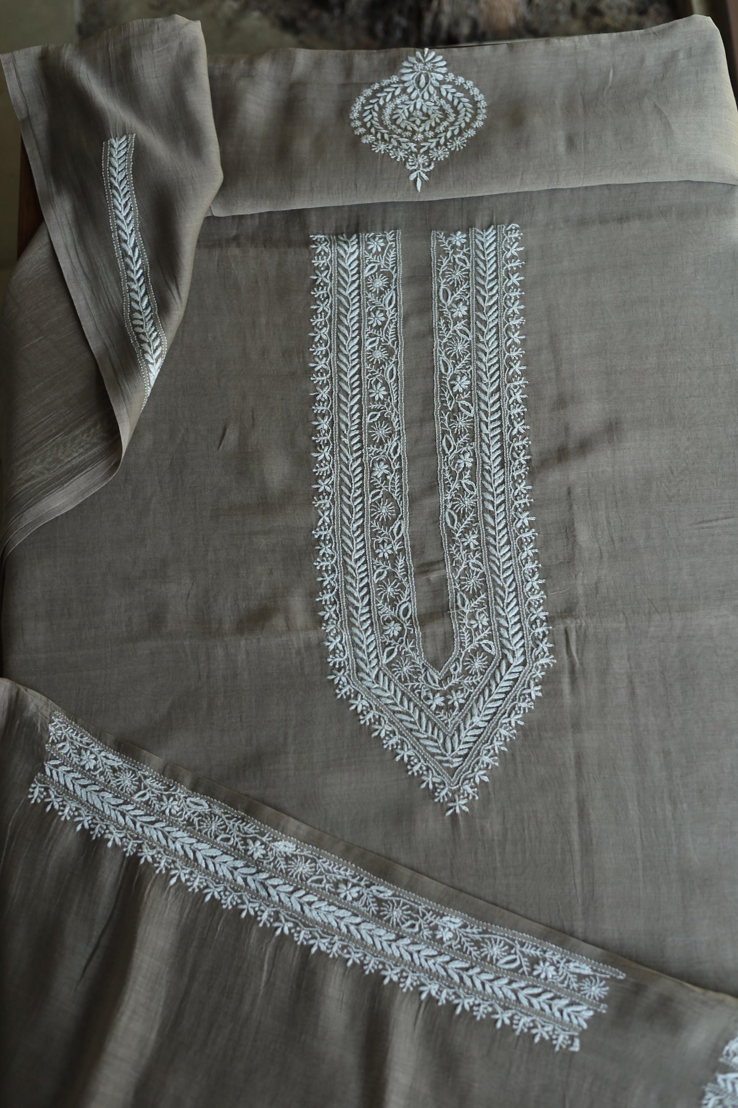Smokey Grey Mulmul Chikankari Unstitched Men's Kurtas Fabric