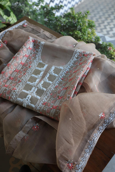 Smokey Beige Noor Organza Silk Chikankari With Kamdani Fabric