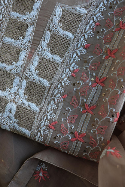 Smokey Beige Noor Organza Silk Chikankari With Kamdani Fabric