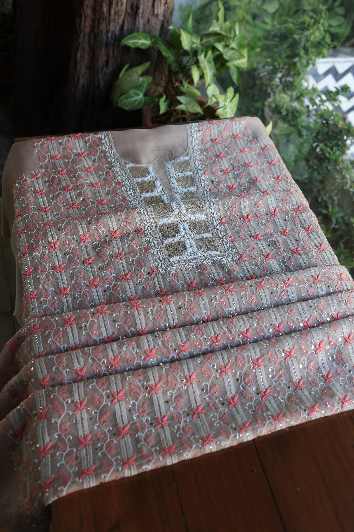 Smokey Beige Noor Organza Silk Chikankari With Kamdani Fabric
