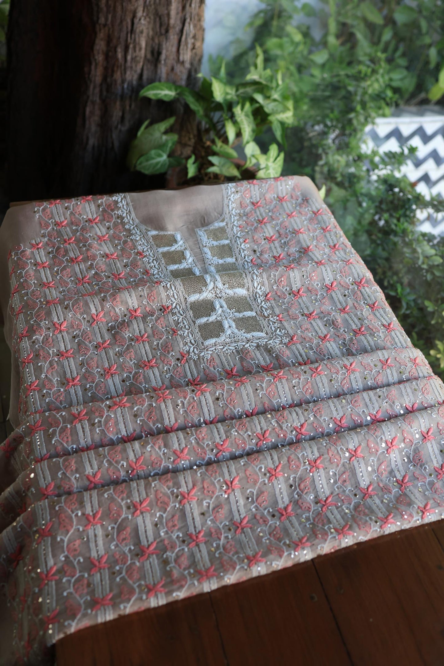 Smokey Beige Noor Organza Silk Chikankari With Kamdani Fabric