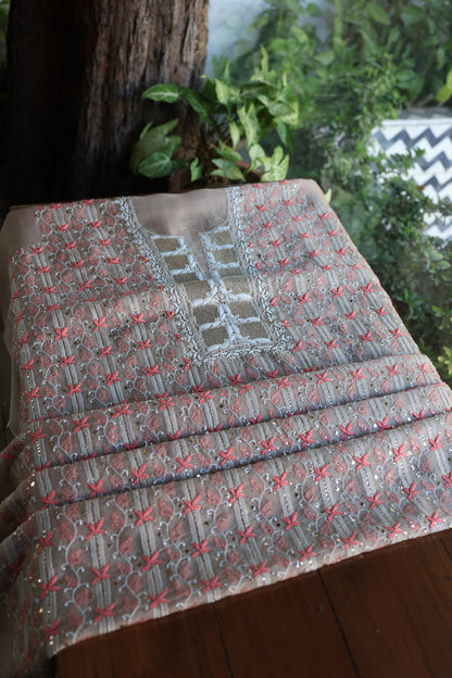 Smokey Beige Noor Organza Silk Chikankari With Kamdani Fabric