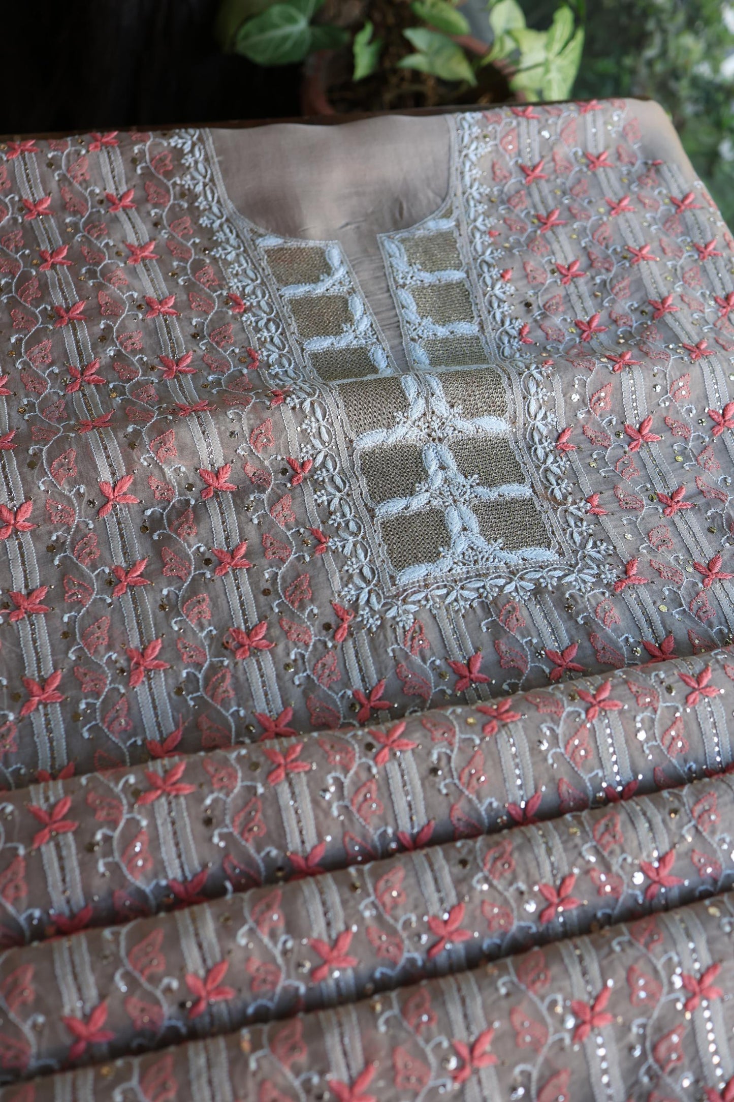Smokey Beige Noor Organza Silk Chikankari With Kamdani Fabric