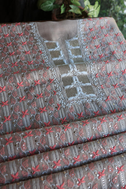 Smokey Beige Noor Organza Silk Chikankari With Kamdani Fabric