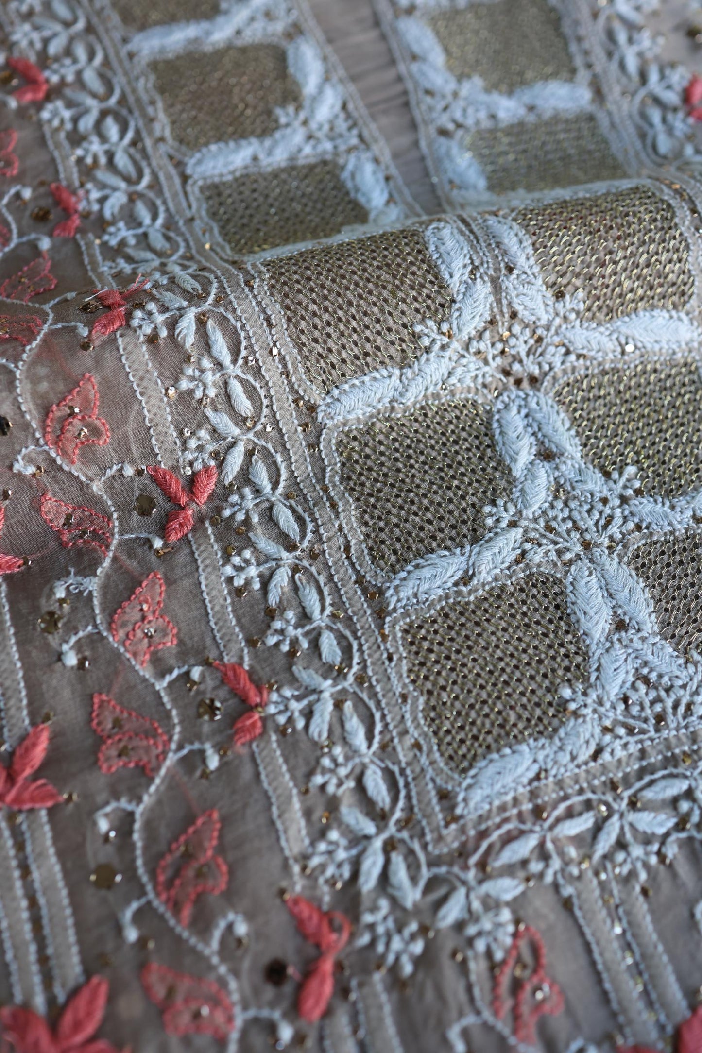 Smokey Beige Noor Organza Silk Chikankari With Kamdani Fabric