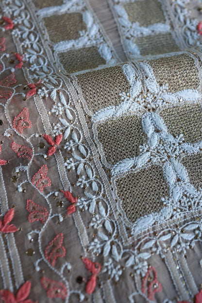 Smokey Beige Noor Organza Silk Chikankari With Kamdani Fabric