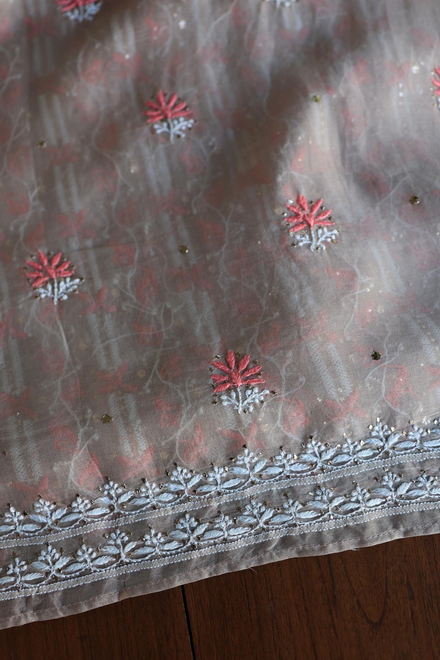 Smokey Beige Noor Organza Silk Chikankari With Kamdani Fabric