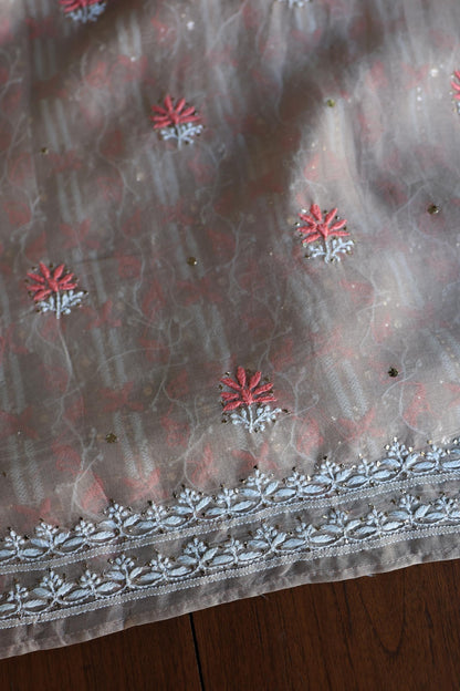Smokey Beige Noor Organza Silk Chikankari With Kamdani Fabric