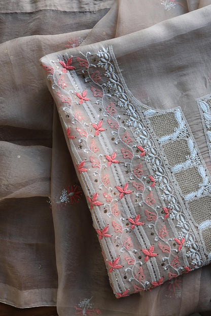 Smokey Beige Noor Organza Silk Chikankari With Kamdani Fabric