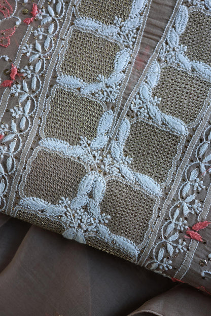 Smokey Beige Noor Organza Silk Chikankari With Kamdani Fabric