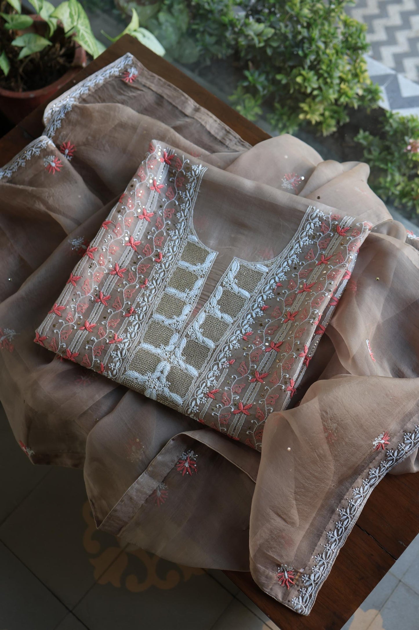 Smokey Beige Noor Organza Silk Chikankari With Kamdani Fabric
