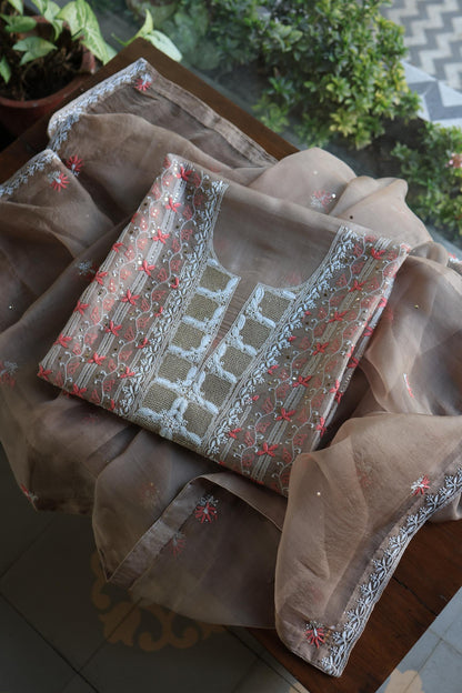 Smokey Beige Noor Organza Silk Chikankari With Kamdani Fabric