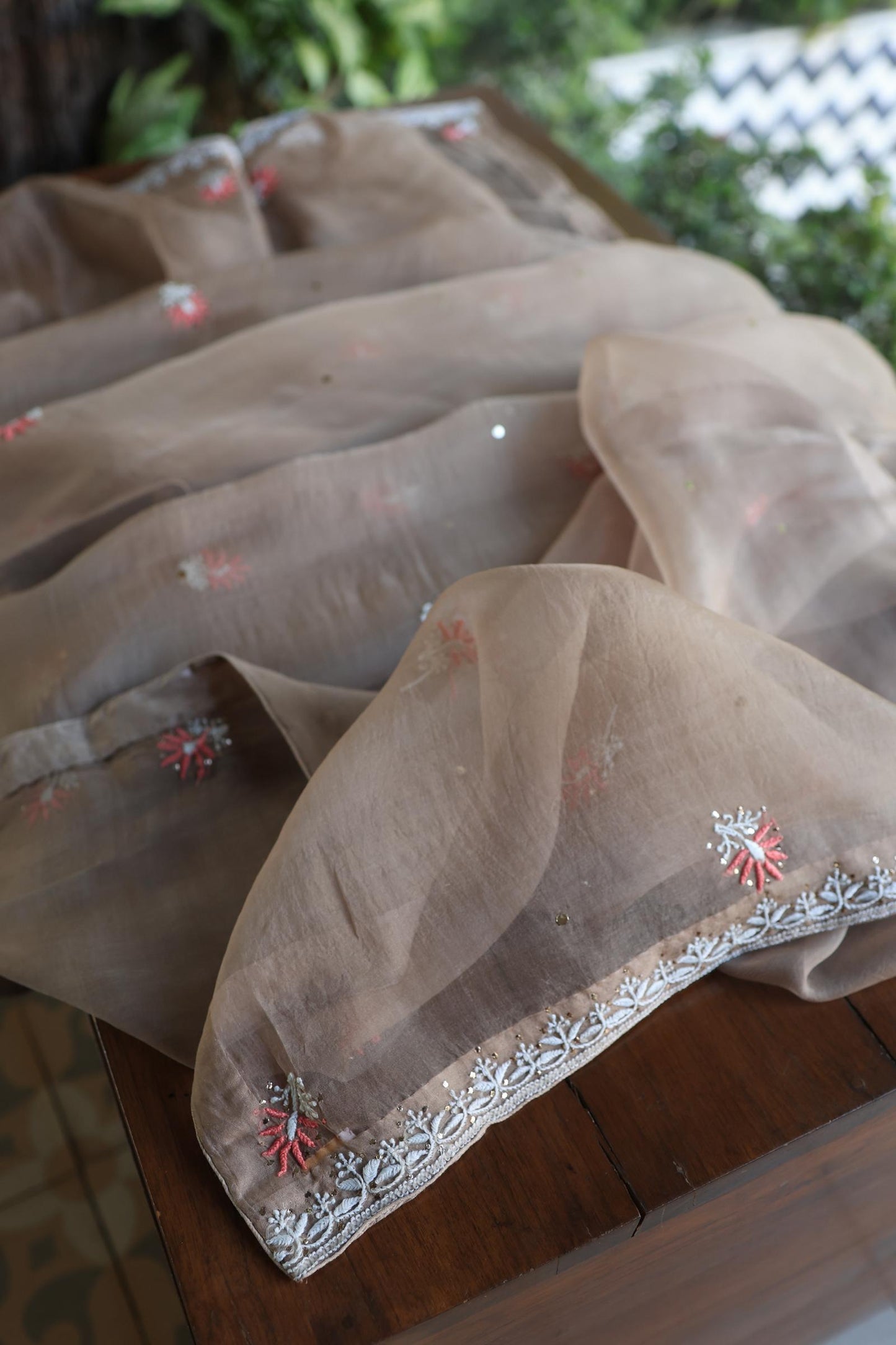 Smokey Beige Noor Organza Silk Chikankari With Kamdani Fabric