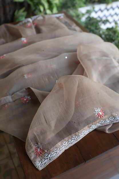 Smokey Beige Noor Organza Silk Chikankari With Kamdani Fabric