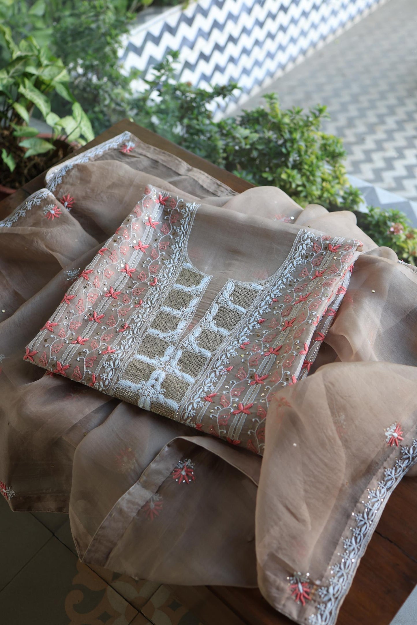 Smokey Beige Noor Organza Silk Chikankari With Kamdani Fabric