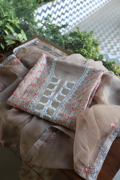 Smokey Beige Noor Organza Silk Chikankari With Kamdani Fabric