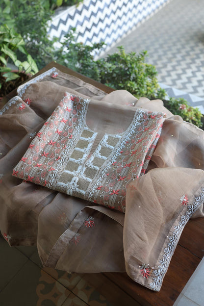 Smokey Beige Noor Organza Silk Chikankari With Kamdani Fabric